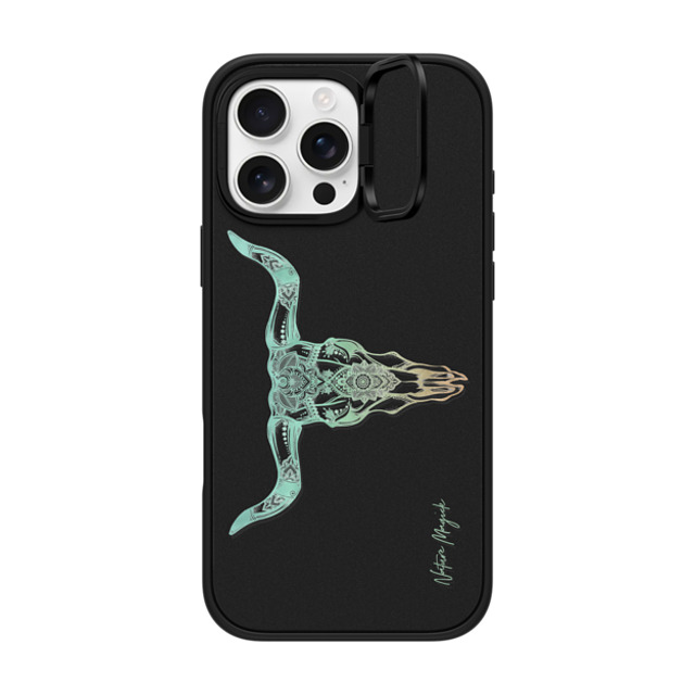 Nature Magick x CASETiFY iPhone 16 Pro Max ケース マットブラック インパクトリングスタンドケース MagSafe対応 Bull Skull Boho Tribal Mandala Drawing Teal Orange by Nature Magick