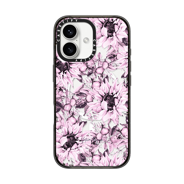 Nature Magick x CASETiFY iPhone 16 ケース ブラック インパクトケース MagSafe対応 Pink Sunflowers Watercolor Floral Flowers by Nature Magick