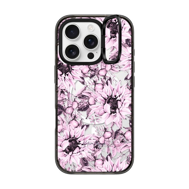 Nature Magick x CASETiFY iPhone 16 Pro ケース ブラック インパクトリングスタンドケース MagSafe対応 Pink Sunflowers Watercolor Floral Flowers by Nature Magick