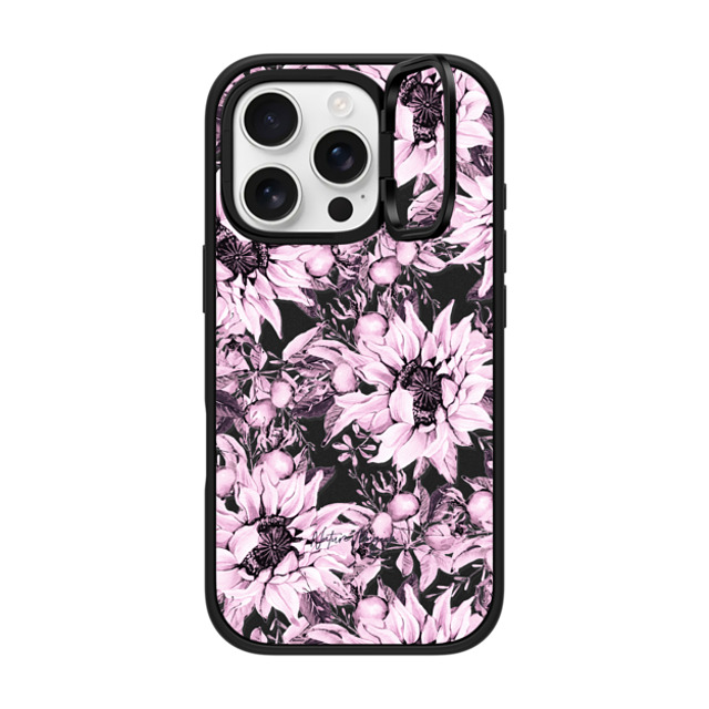 Nature Magick x CASETiFY iPhone 16 Pro ケース マットブラック インパクトリングスタンドケース MagSafe対応 Pink Sunflowers Watercolor Floral Flowers by Nature Magick