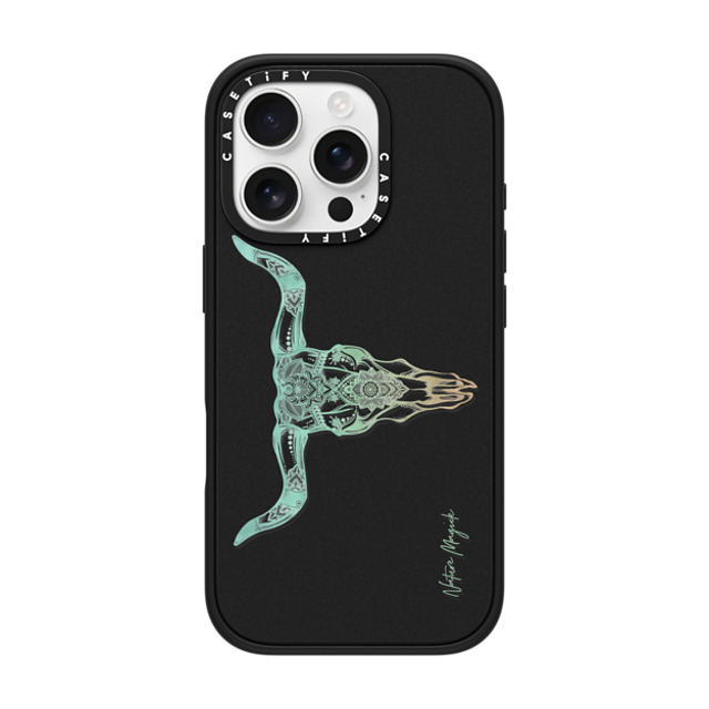 Nature Magick x CASETiFY iPhone 16 Pro ケース マットブラック インパクトケース Bull Skull Boho Tribal Mandala Drawing Teal Orange by Nature Magick