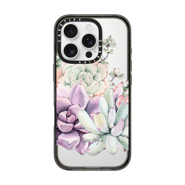 Nature Magick x CASETiFY iPhone 16 Pro ケース ブラック インパクトケース Pretty Succulents Desert Watercolor Succulent Illustration Pastel Purple Blue Green by Nature Magick