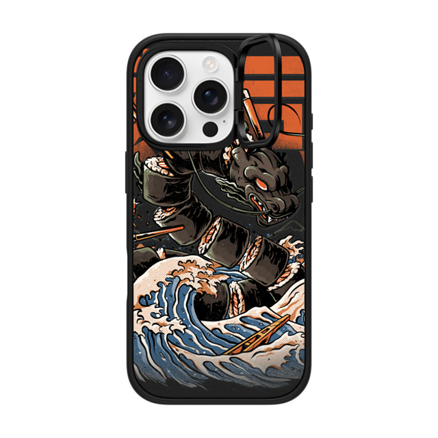 Ilustrata x CASETiFY iPhone 16 Pro ケース マットブラック インパクトリングスタンドケース MagSafe対応 Black Great Sushi Dragon