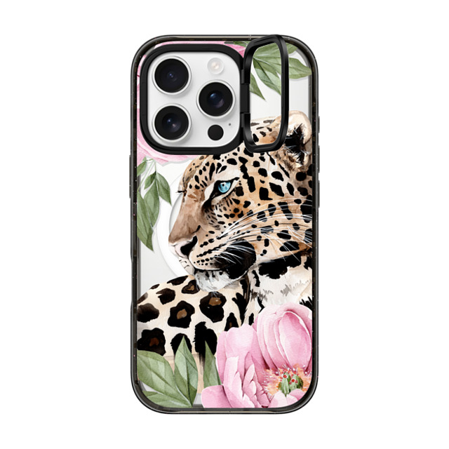 Victoria Ryabinina x CASETiFY iPhone 16 Pro ケース ブラック インパクトリングスタンドケース MagSafe対応 Leopard with peonies