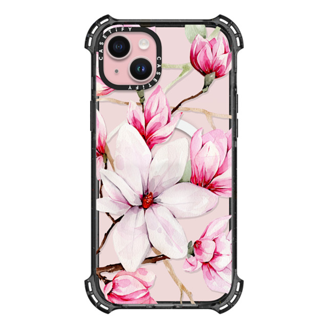 Victoria Ryabinina x CASETiFY iPhone 15 Plus ケース ブラック バウンスケース Watercolor magnolia Father's Day Victoria Ryabinina x CASETiFY iPhone 15 Plus ケース ブラック バウンスケース Watercolor magnolia Father's Day