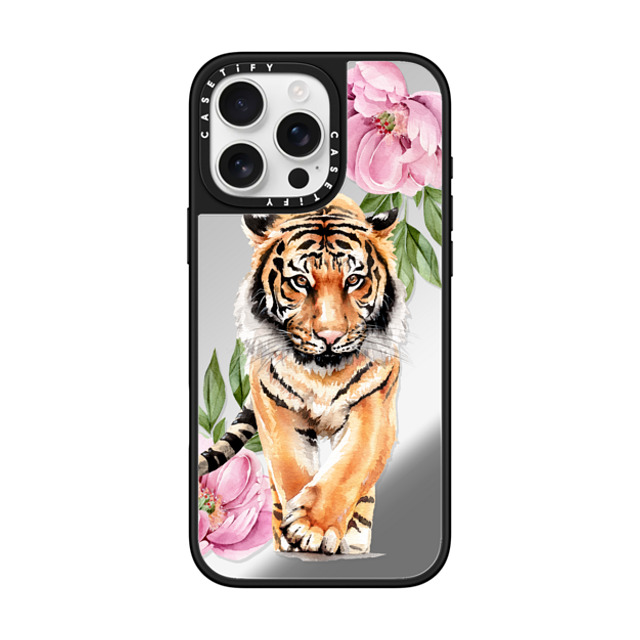 Victoria Ryabinina x CASETiFY iPhone 16 Pro Max ケース Silver on Black ミラーケース MagSafe対応 Tiger and peonies