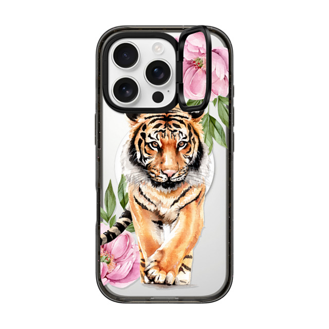 Victoria Ryabinina x CASETiFY iPhone 16 Pro ケース ブラック インパクトリングスタンドケース MagSafe対応 Tiger and peonies