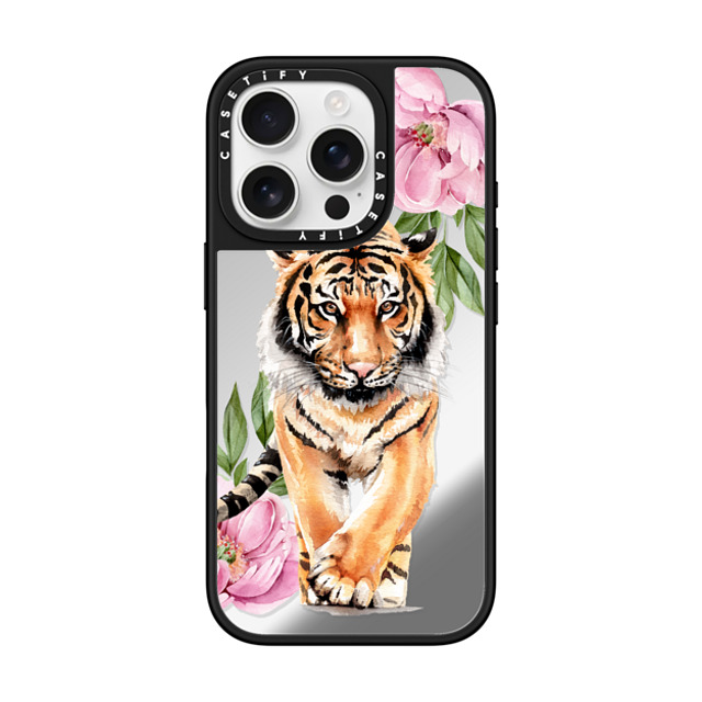 Victoria Ryabinina x CASETiFY iPhone 16 Pro ケース Silver on Black ミラーケース MagSafe対応 Tiger and peonies