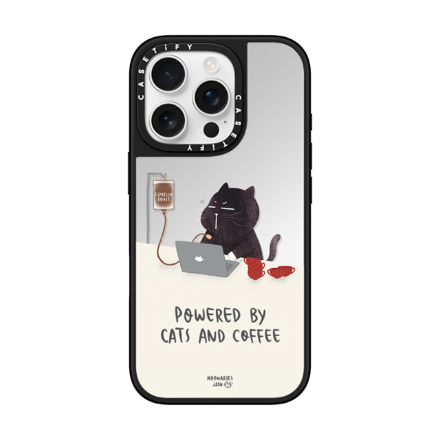 moonariesillo x CASETiFY iPhone 16 Pro ケース Silver on Black ミラーケース MagSafe対応 Powered by cats and coffee by Moonaries illo