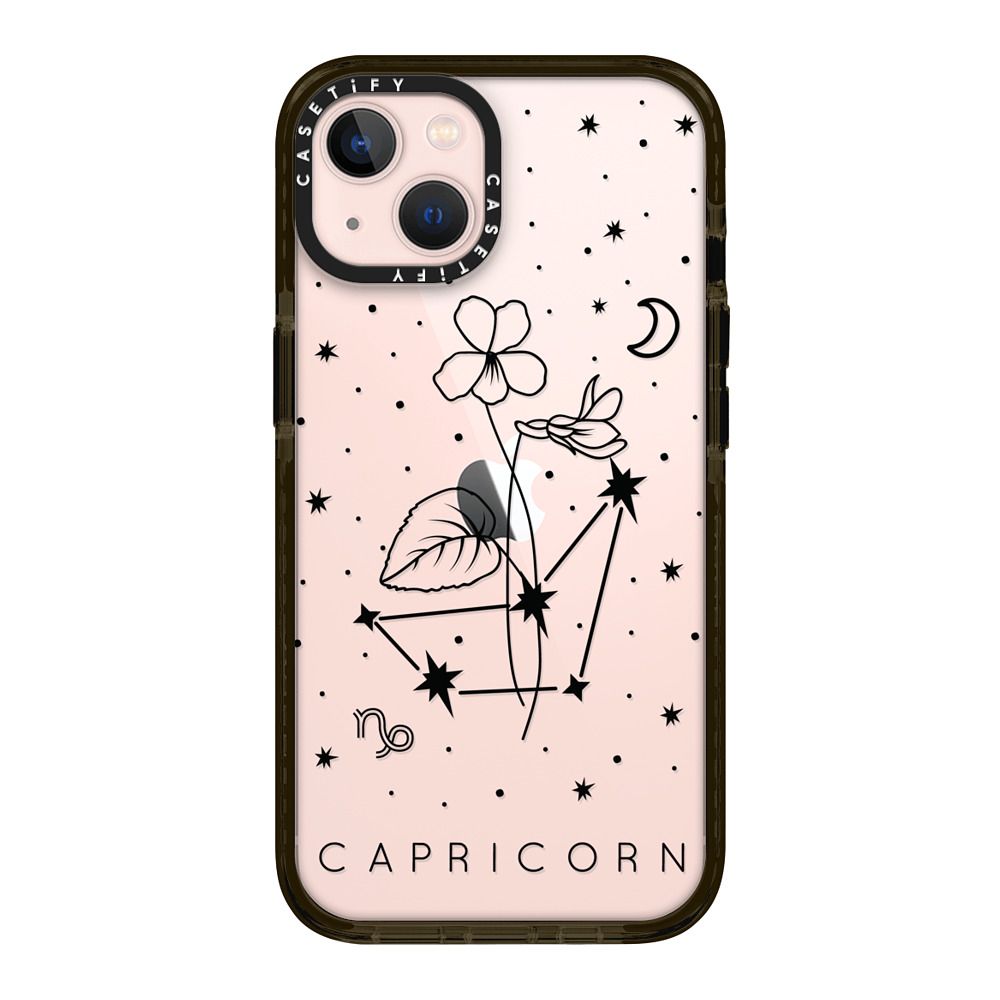 Impact iPhone 13 Case - Capricorn Zodiac Stars Constellation and Birth Flower - Black