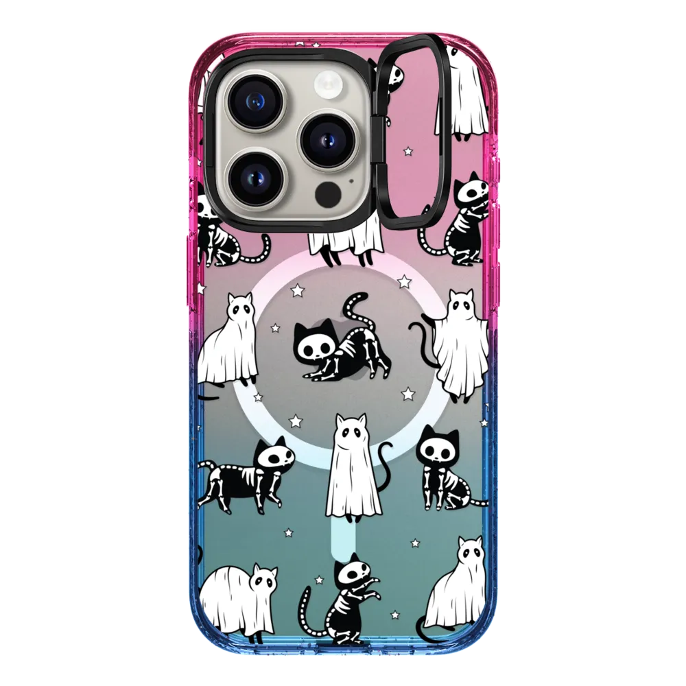 Impact Ring Stand iPhone 15 Pro Case MagSafe Compatible - Halloween Ghost Cats and Skeleton Cats