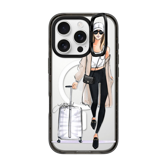 Holly Nichols x CASETiFY iPhone 16 Pro ケース ブラック インパクトリングスタンドケース MagSafe対応 Ready, Set, Jet (Travel Girl Fashion Illustration)