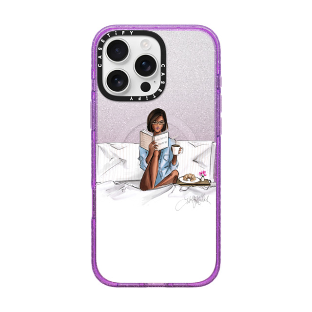 Holly Nichols x CASETiFY iPhone 16 Pro Max ケース Glitter Purple インパクトケース MagSafe対応 Breakfast in Bed, Girl Reading in Bed