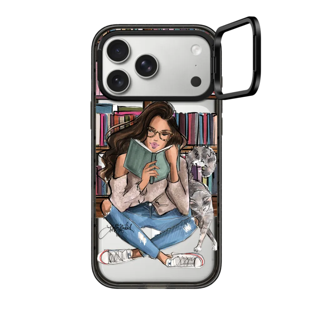 Impact Ring Stand iPhone 17 Pro Max Case MagSafe Compatible - Library Book Medium Skin Tone Brunette Girl with Cat (Fashion Illustration Holly Nichols)