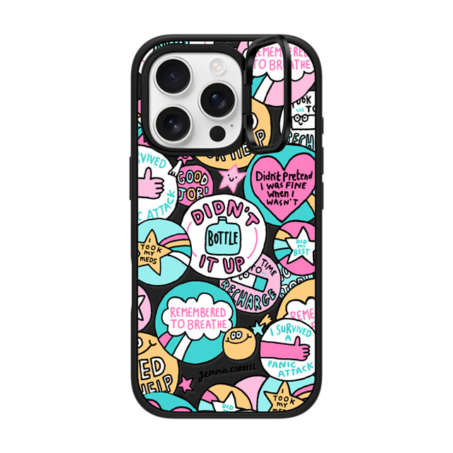 Gemma Correll x CASETiFY iPhone 16 Pro ケース マットブラック インパクトリングスタンドケース MagSafe対応 Self Care Stickers