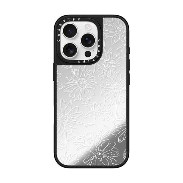 Ellamae Sketchbook x CASETiFY iPhone 16 Pro ケース Silver on Black ミラーケース MagSafe対応 Simple Daisies