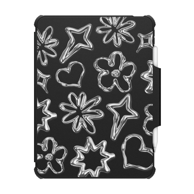 CASETiFY iPad Pro 12.9 (第5/6世代) ブラック インパクト フォリオ ケース Pattern,Monochrome,Futurism Chrome Doodles