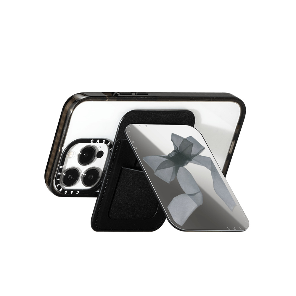 CASETiFY Snappy カードホルダースタンド シルバー Snappy ミラー カードホルダースタンド MagSafe対応 Ribbon,Y2K Black Organza Ribbon