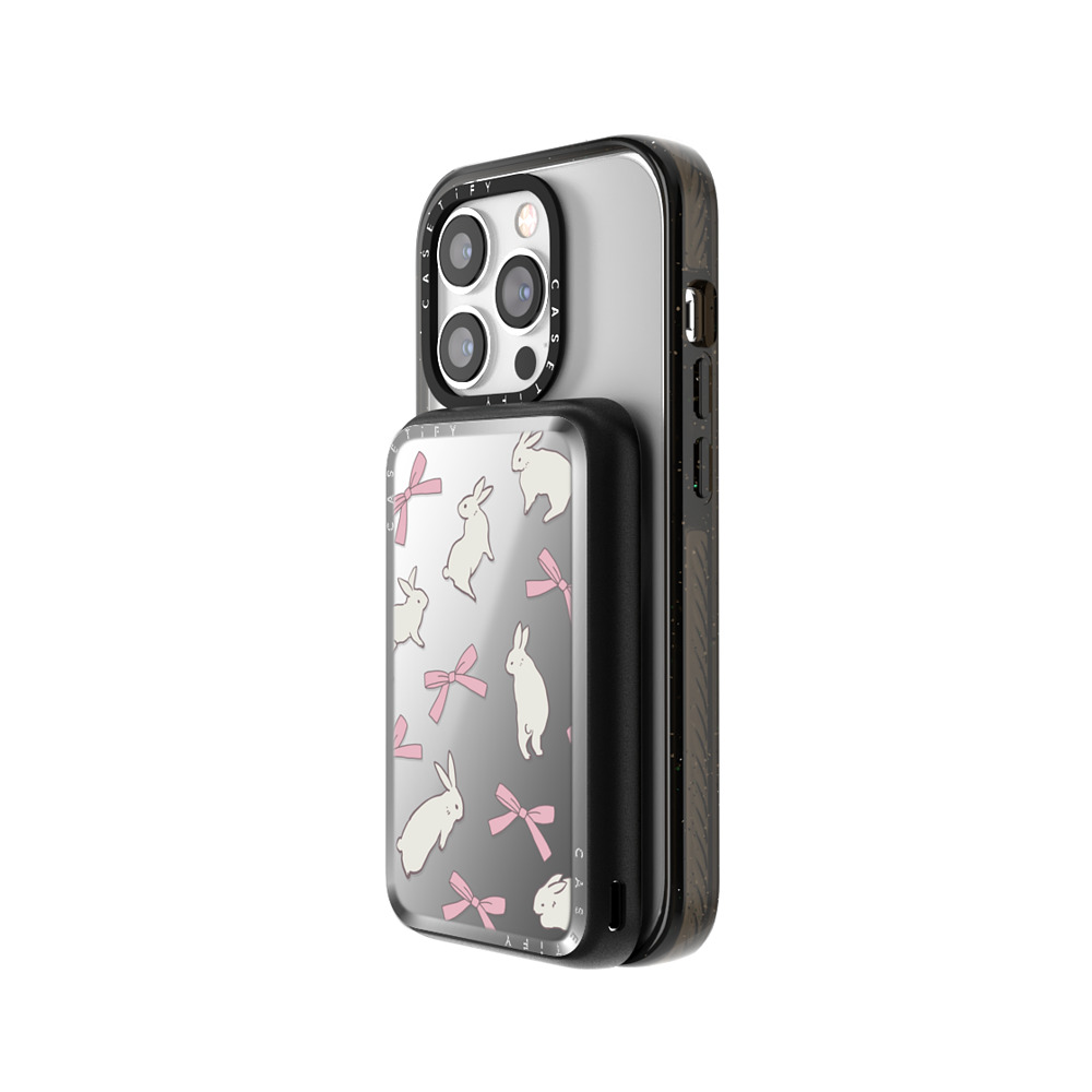 CASETiFY モバイルバッテリー シルバー ミラー モバイルバッテリー MagSafe対応 Cottagecore,Pattern Rabbit Ribbon