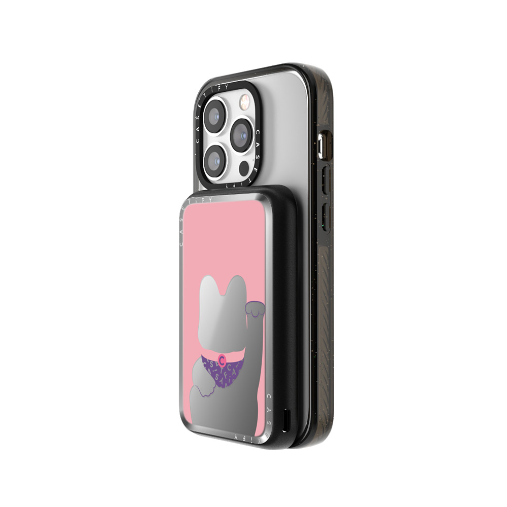CASETiFY モバイルバッテリー シルバー ミラー モバイルバッテリー MagSafe対応 Animal,Animal,Cartoon,Cartoon,Cat Lucky Cat Pink
