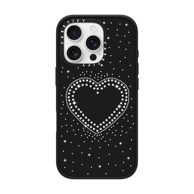 CASETiFY iPhone 16 Pro ケース マットブラック インパクトケース Heart,Monochrome,Pattern RHINESTONE ROMANCE