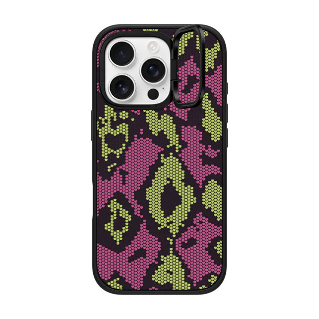 CASETiFY iPhone 16 Pro ケース マットブラック インパクトリングスタンドケース MagSafe対応 Pink Green Heart Snake Print casetify_artist