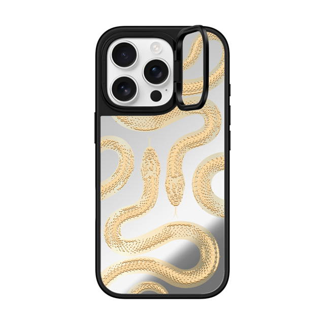 CASETiFY iPhone 16 Pro ケース Silver on Black ミラー リングスタンドケース MagSafe対応 Snake,Animal,Typography Gold Kingsnake