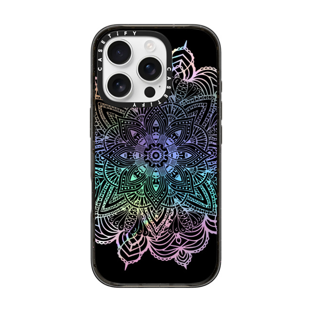 CASETiFY iPhone 16 Pro ケース ブラック インパクトケース MagSafe対応 Floral フローラル Rainbow Holographic Mandala Lace Explosion - Back to Black