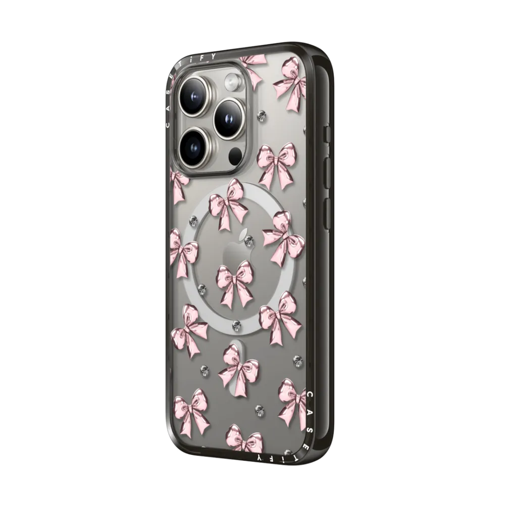 Compact iPhone 15 Pro Max Case MagSafe Compatible - Metallic Pink Ribbon