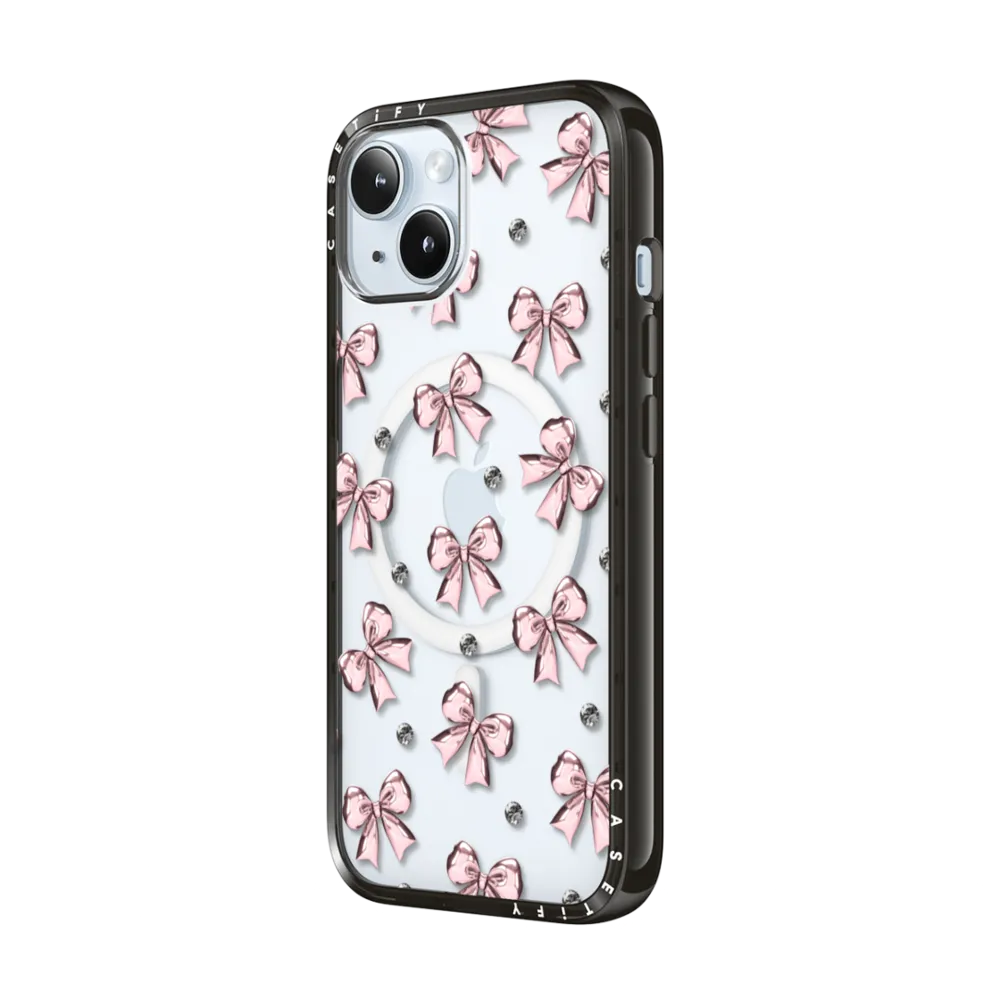 Compact iPhone 15 Case MagSafe Compatible - Metallic Pink Ribbon