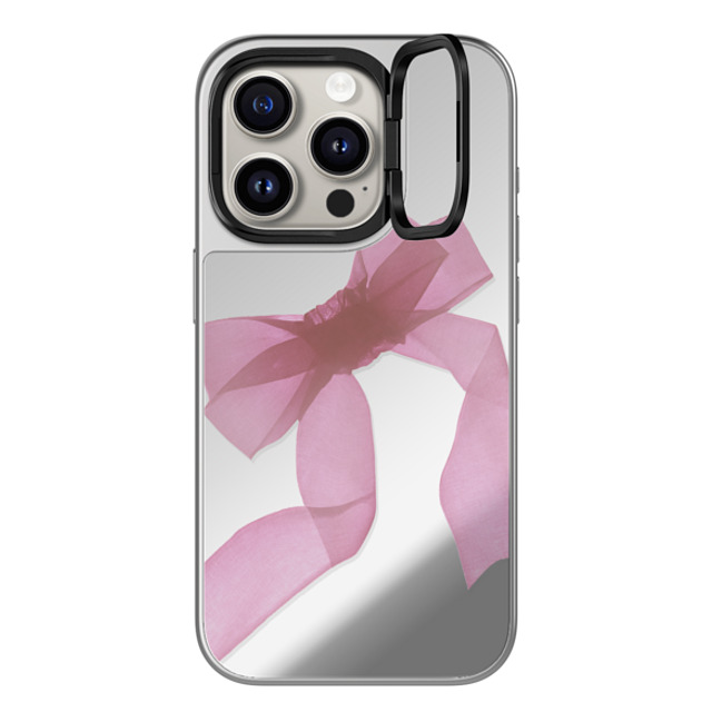 CASETiFY iPhone 15 Pro ケース シルバー (シルバーバンパー) ミラー リングスタンドケース MagSafe対応 Ribbon,Cottagecore Pink Organza Ribbon