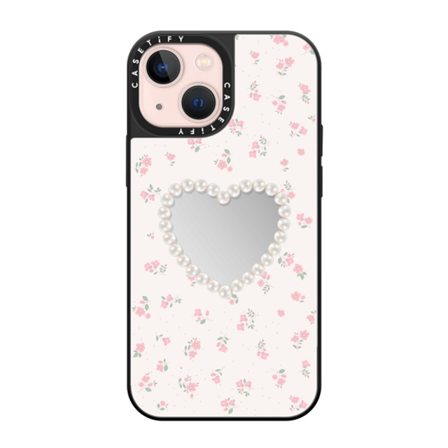 CASETiFY iPhone 13 Mini ケース Silver on Black ミラーケース MagSafe対応 Heart,Floral,Heart,Cottagecore Pearly Heart