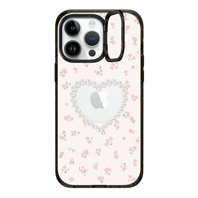 CASETiFY iPhone 14 Pro Max ケース ブラック インパクトリングスタンドケース MagSafe対応 Heart,Floral,Heart,Cottagecore Pearly Heart