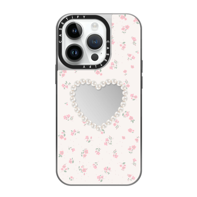 CASETiFY iPhone 14 Pro ケース シルバー (シルバーバンパー) ミラーケース MagSafe対応 Heart,Floral,Heart,Cottagecore Pearly Heart