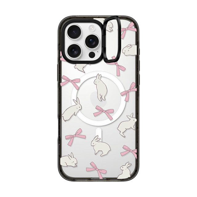 CASETiFY iPhone 16 Pro Max ケース ブラック インパクトリングスタンドケース MagSafe対応 Animal,Cottagecore,Pattern Rabbit Ribbon