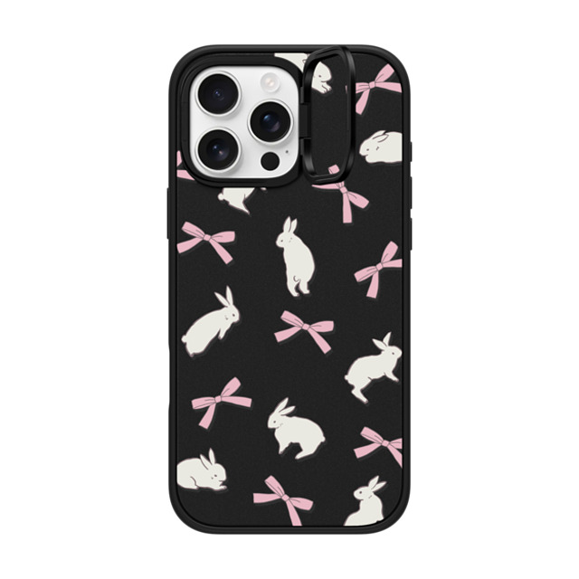 CASETiFY iPhone 16 Pro Max ケース マットブラック インパクトリングスタンドケース MagSafe対応 Animal,Cottagecore,Pattern Rabbit Ribbon