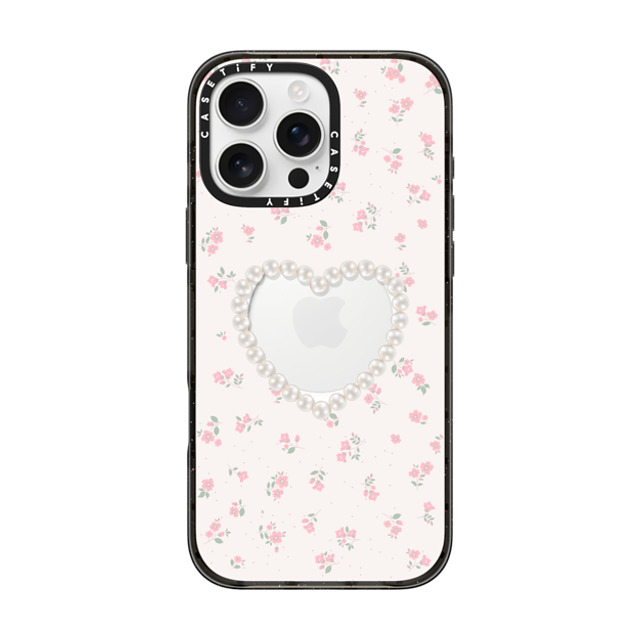 CASETiFY iPhone 16 Pro Max ケース ブラック インパクトケース MagSafe対応 Heart,Floral,Heart,Cottagecore Pearly Heart