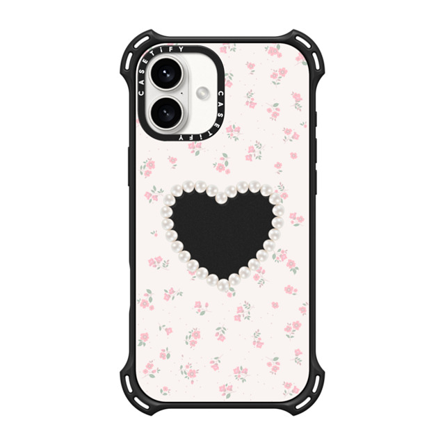 CASETiFY iPhone 16 Plus ケース マットブラック バウンスケース Heart,Floral,Heart,Cottagecore Pearly Heart