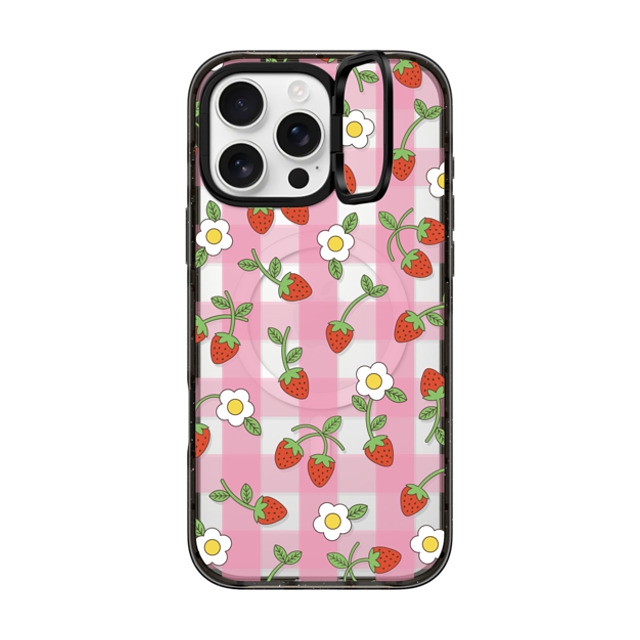 CASETiFY iPhone 16 Pro Max ケース ブラック インパクトリングスタンドケース MagSafe対応 Cottagecore,Cherry,Strawberry,Fruit Strawberry Plaid