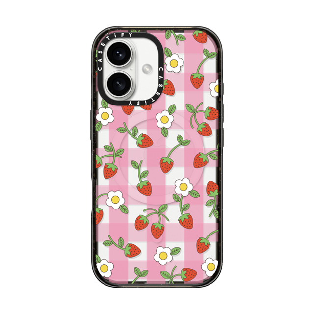 CASETiFY iPhone 16 ケース ブラック インパクトケース MagSafe対応 Cottagecore,Cherry,Strawberry,Fruit Strawberry Plaid