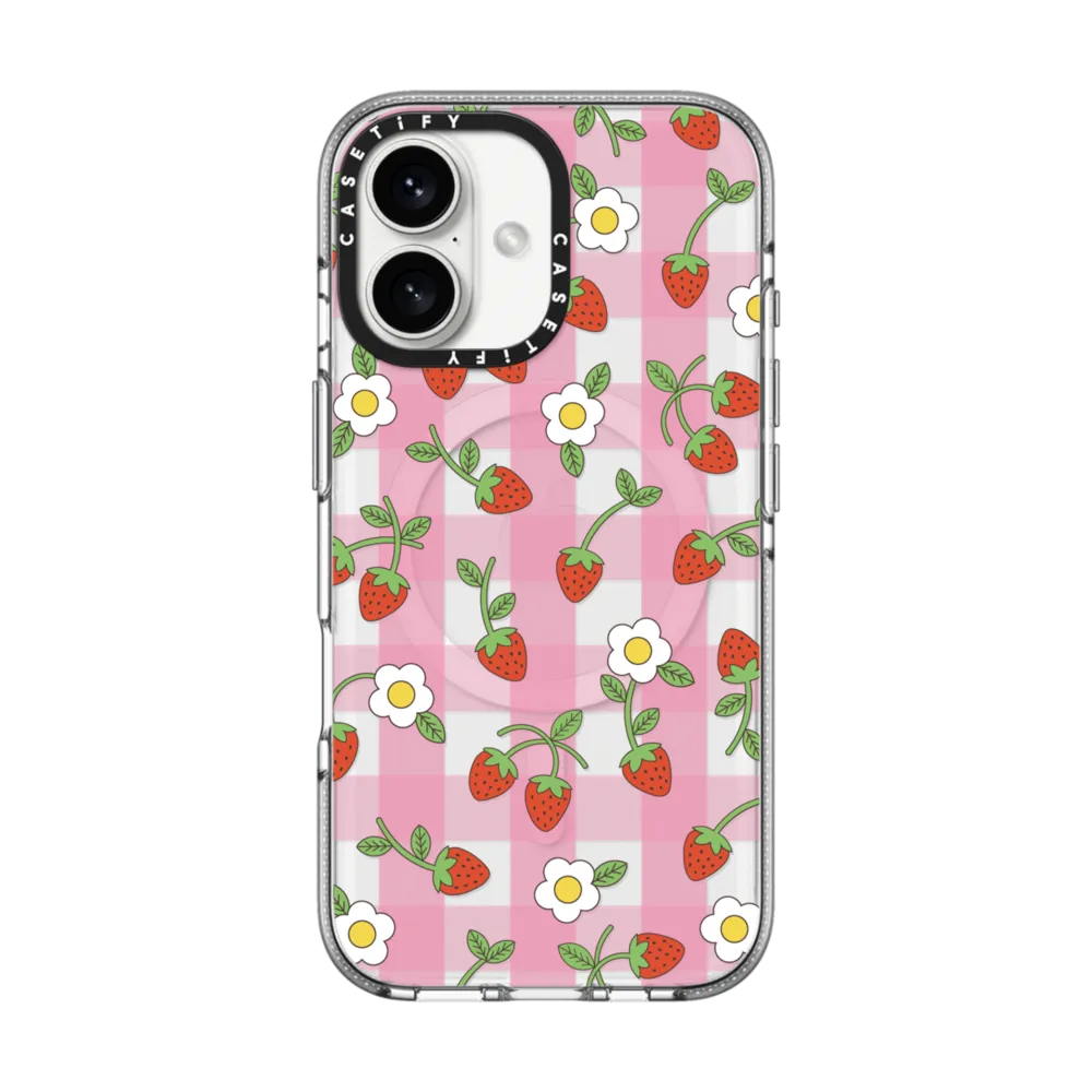 Clear iPhone 16 Case MagSafe Compatible - Strawberry Plaid