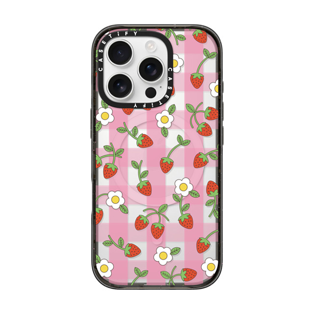 CASETiFY iPhone 16 Pro ケース ブラック インパクトケース MagSafe対応 Cottagecore,Cherry,Strawberry,Fruit Strawberry Plaid