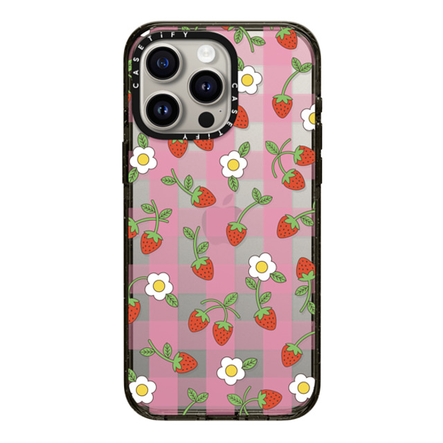 CASETiFY iPhone 15 Pro Max ケース ブラック インパクトケース Cottagecore,Cherry,Strawberry,Fruit Strawberry Plaid