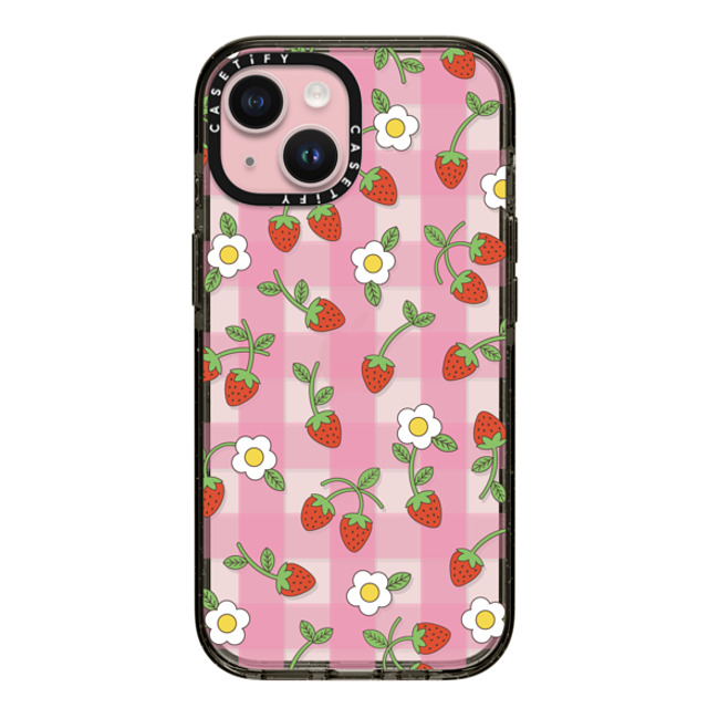 CASETiFY iPhone 15 ケース ブラック インパクトケース Cottagecore,Cherry,Strawberry,Fruit Strawberry Plaid