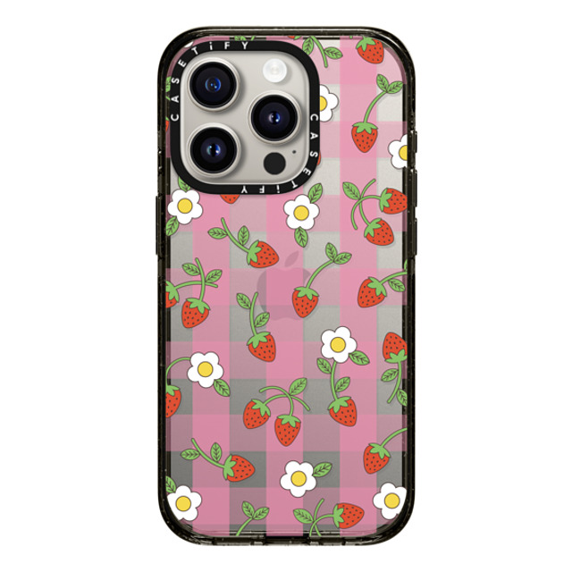 CASETiFY iPhone 15 Pro ケース ブラック インパクトケース Cottagecore,Cherry,Strawberry,Fruit Strawberry Plaid