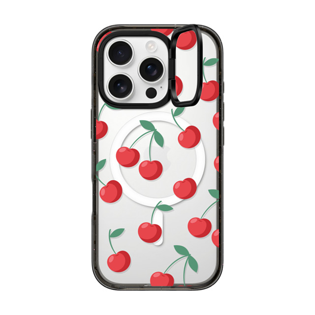 CASETiFY iPhone 16 Pro ケース ブラック インパクトリングスタンドケース MagSafe対応 Fruit,Food,Pattern,Cherry,Strawberry,Fruit Cherries