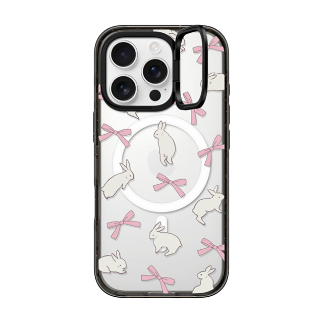 CASETiFY iPhone 16 Pro ケース ブラック インパクトリングスタンドケース MagSafe対応 Animal,Cottagecore,Pattern Rabbit Ribbon