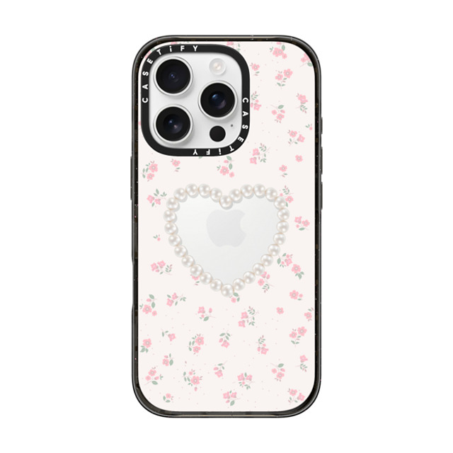 CASETiFY iPhone 16 Pro ケース ブラック インパクトケース Heart,Floral,Heart,Cottagecore Pearly Heart