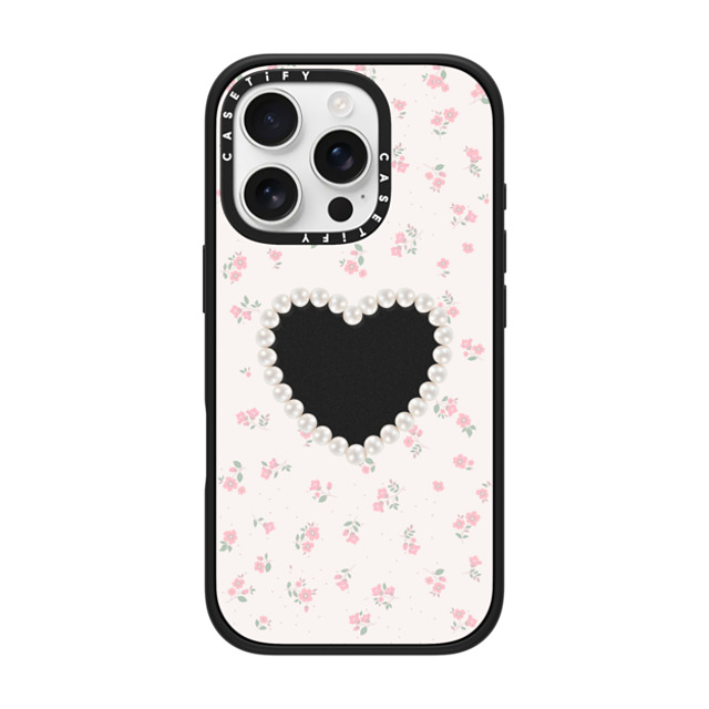 CASETiFY iPhone 16 Pro ケース マットブラック インパクトケース Heart,Floral,Heart,Cottagecore Pearly Heart