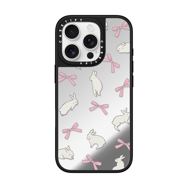 CASETiFY iPhone 16 Pro ケース Silver on Black ミラーケース MagSafe対応 Animal,Cottagecore,Pattern Rabbit Ribbon